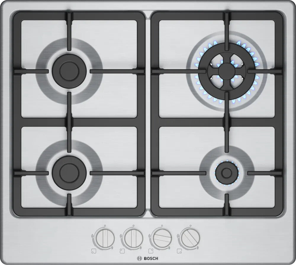 Bosch Serie 4 PGH6B5K90N kookplaat Roestvrijstaal Ingebouwd 60 cm Gaskookplaat 4 zone(s)